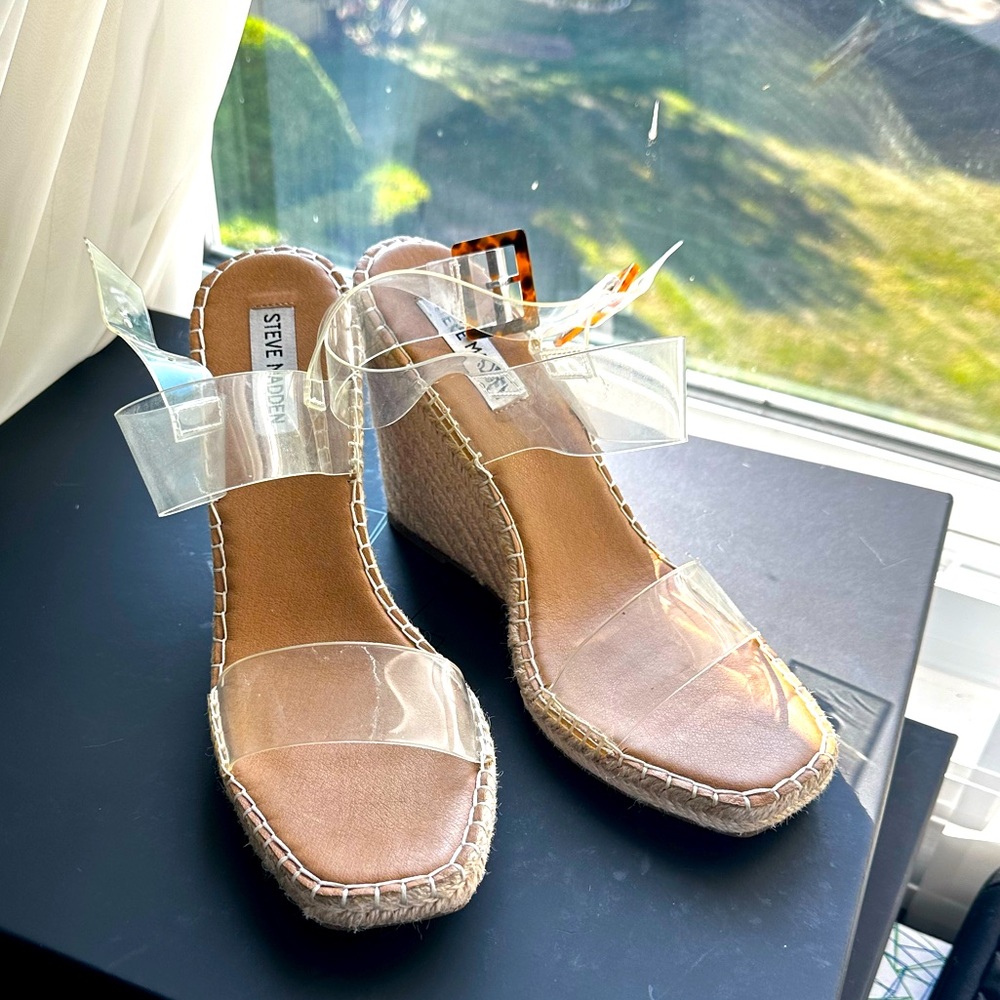 Steve Madden Women Uri Clear Espadrille Buckle Closure Wedge Sandals 10